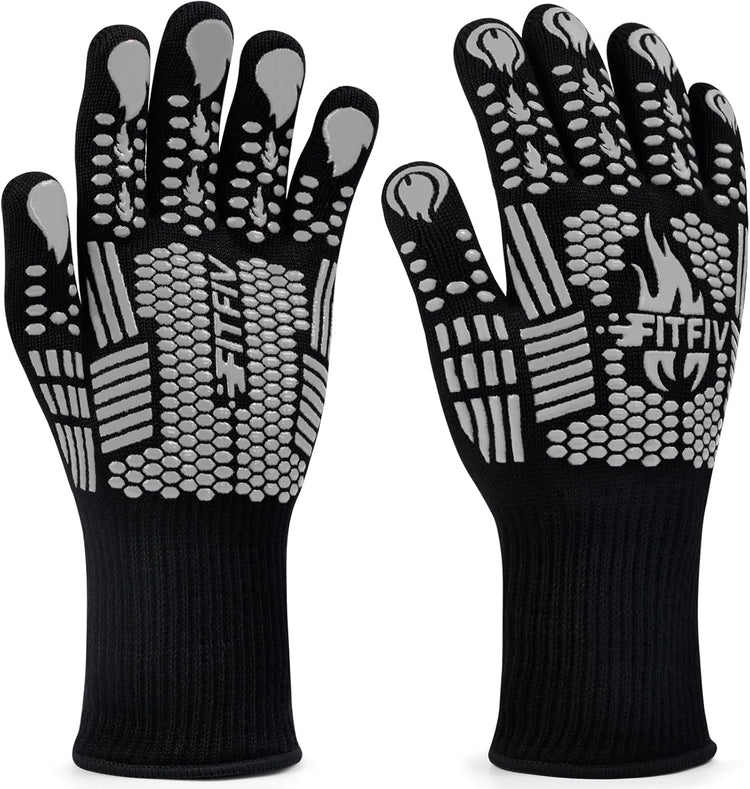 BBQ Gloves, Oven Gloves, Extreme Heat Resistant Barbecue Gloves, Silicone Non-Slip Oven Mitts, Kitchen Gloves for Cooking, Grilling, and Baking (Gray)