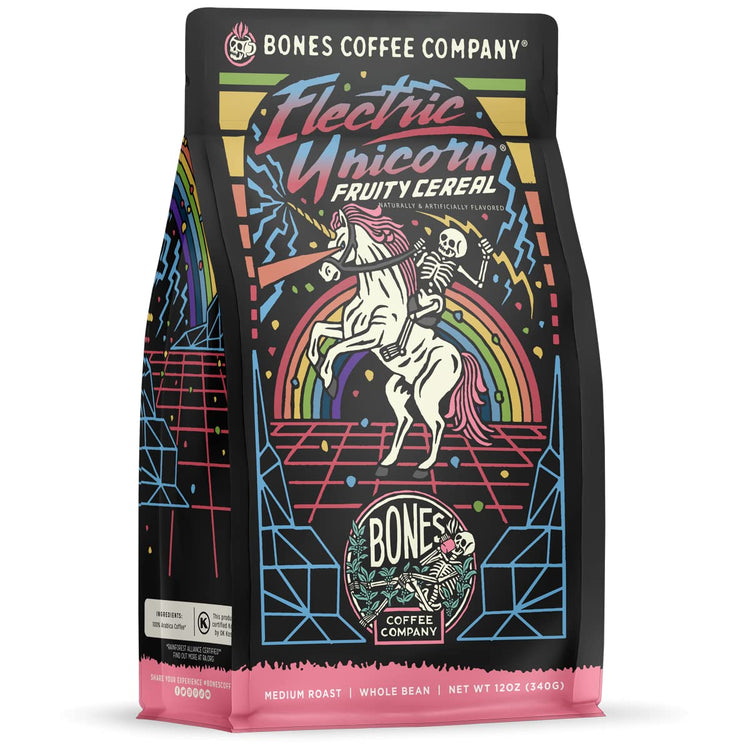Bones Coffee Company Electric Unicorn, Fruity Cereal With Milk Flavored Coffee, Medium Roast Low Acid Arabica Beans Compatible with Auto drip and French Press Coffee Maker, 12 Oz Whole Bean