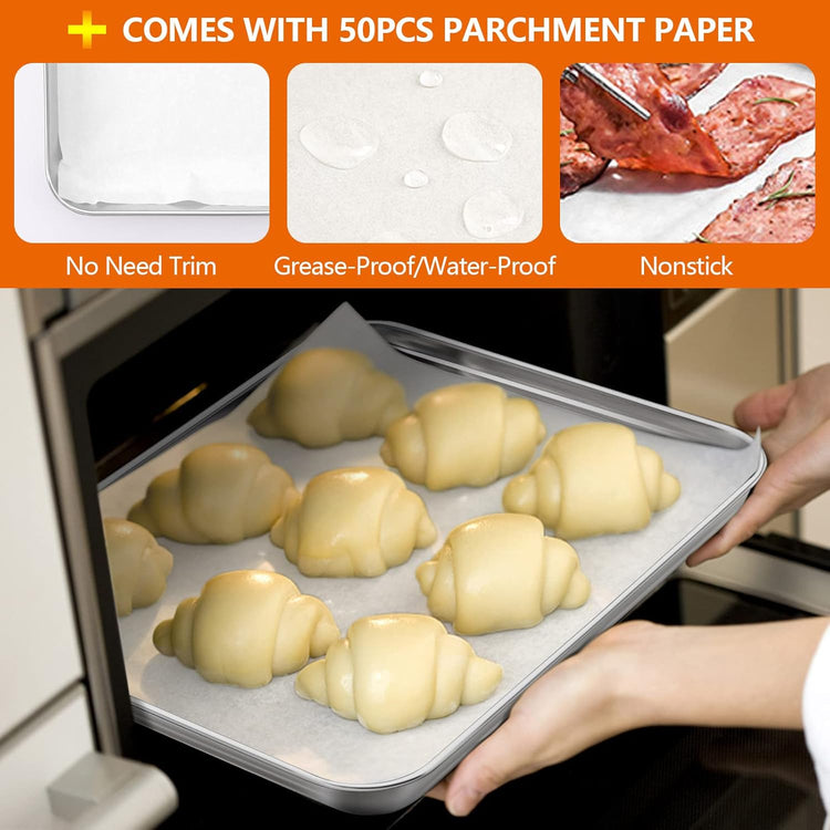 Small Baking Sheet Set of 2, E-far 10.5”x8.3” Stainless Steel Cookies Sheet Pan for Toaster Oven with 50 Parchment Paper, Rectangle Baking Tray for Cooking, Rust Free & Heavy Duty, Dishwasher Safe
