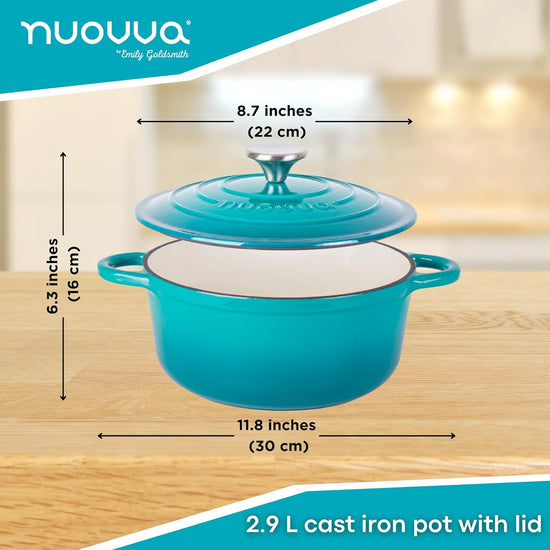 Cast Iron Dutch Oven with Lid – Non-Stick Ovenproof Enamelled Casserole Pot – Sturdy Dutch Oven Cookware – Teal, 3.1-Quart, 22cm – by Nuovva - Nestoria