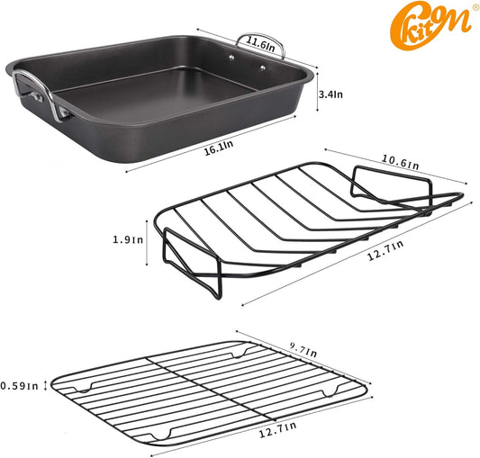 kitCom Nonstick Roasting Pan, Roaster with Rack - 16 Inch Rectangular Grill Suitable for Turkey, Roast Chicken, Ham, Dishwasher Safe (9.5QT) - Nestoria