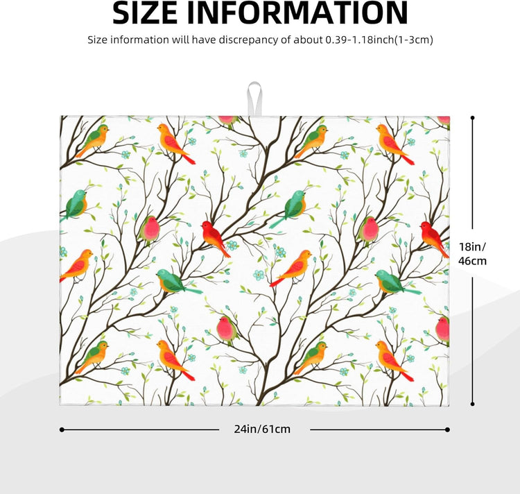 Cute Birds Kitchen Drying Mat Birds on Tree Microfiber Dish Drainer Mat for Kitchen Counter Absorbent Reusable Washable 18x24 Inch
