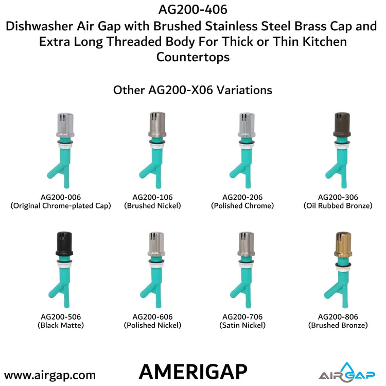 Dishwasher Air Gap with Skirted Brushed Stainless Steel Brass Cap and Extra Long Threaded Body for Thick or Thin Kitchen Countertops