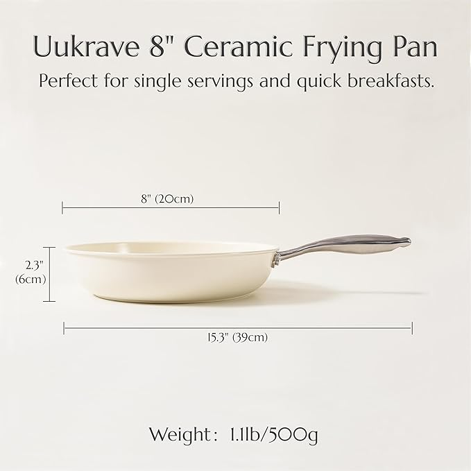 UUKRAVE Ceramic Small Frying Pan, 8" Nonstick Ceramic Frying Pan, Egg & Omelet Pan with Stay-Cool Handle, Healthy & Non-Toxic, PFAS/PTFE-Free, Induction Compatible, Dishwasher & Oven Safe, Cream