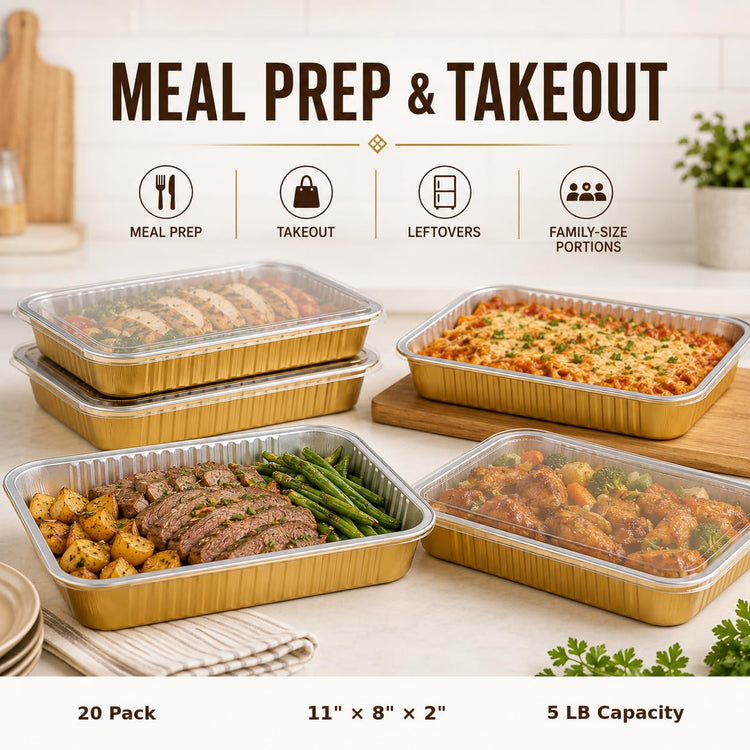 20 Pack 11"×8"×2" Aluminum Pans with Lids Heavy Duty (20 Count)
