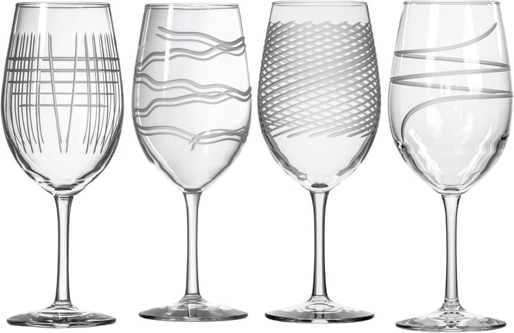 Rolf Glass Symmetry All Purpose Wine Glass | 18oz Large Wine Glasses | Proudly Made in the USA | Mixed Contemporary Designs - Twist, Cyclone, Matchstick, Good Vibrations | Set of 4
