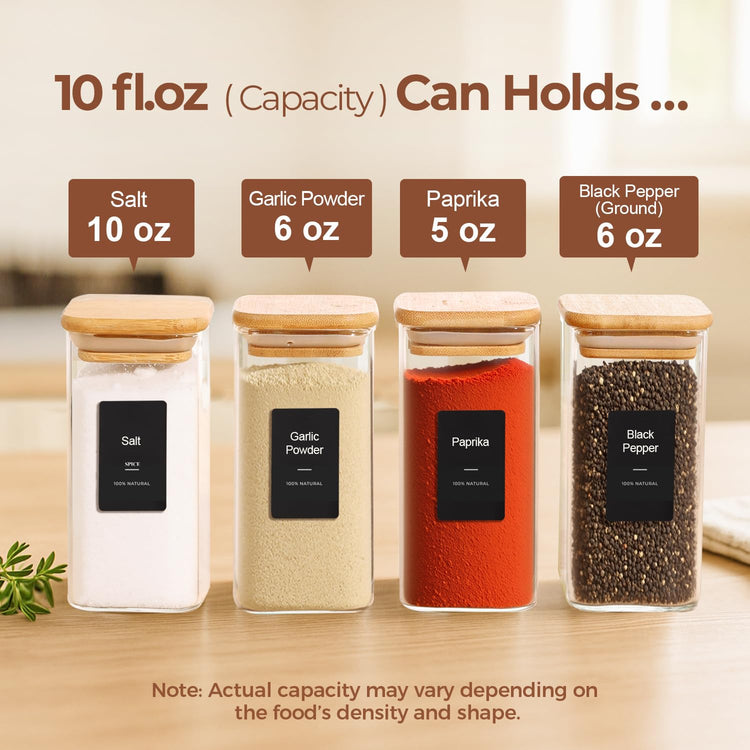 Glass Spice Jars with Labels 10 oz 16 Pack Large Square Bamboo Lids (16 Count)