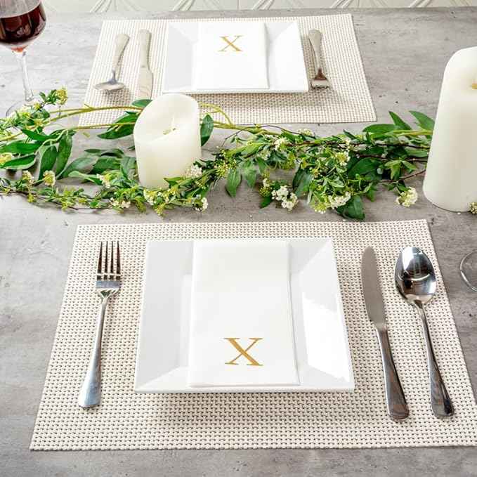 Luxenap 15.8 X 7.9 Inch Linen-Feel Guest Towels, 50 Lettered Hand Towels - Gold Letter 'X', Sans Serif Font, White Paper Dinner Napkins, airlaid, For Restrooms And Tables - Restaurantware