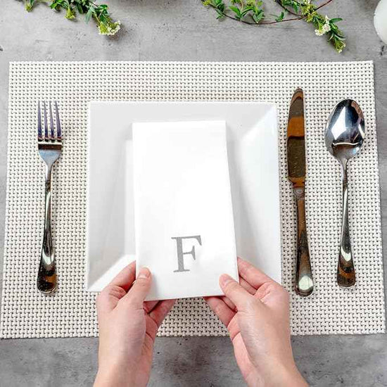 Luxenap 15.8 X 7.9 Inch Linen-Feel Guest Towels, 2000 Lettered Hand Towels - Silver Letter 'F', Sans Serif Font, White Paper Dinner Napkins, airlaid, For Restrooms And Tables - Restaurantware