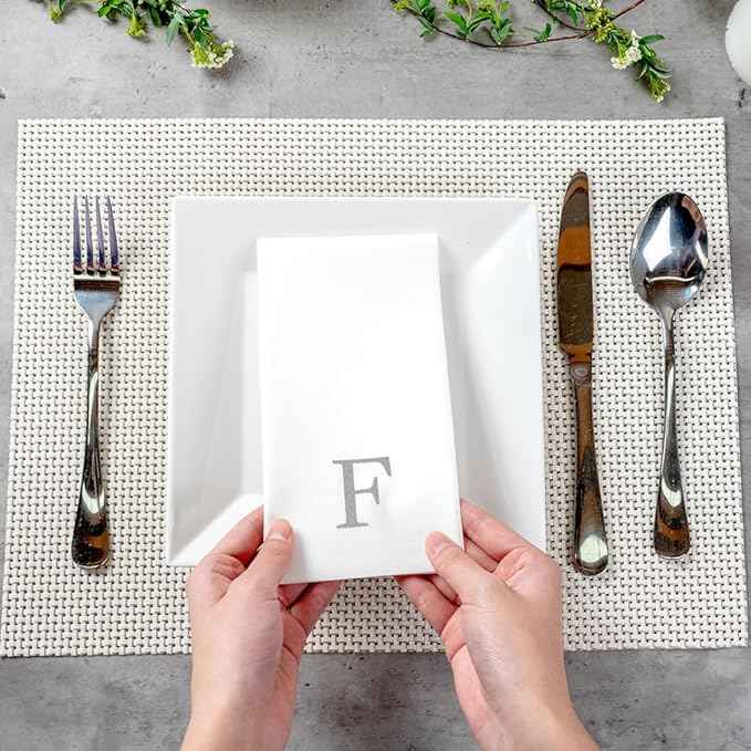 Luxenap 15.8 X 7.9 Inch Linen-Feel Guest Towels, 2000 Lettered Hand Towels - Silver Letter 'F', Sans Serif Font, White Paper Dinner Napkins, airlaid, For Restrooms And Tables - Restaurantware