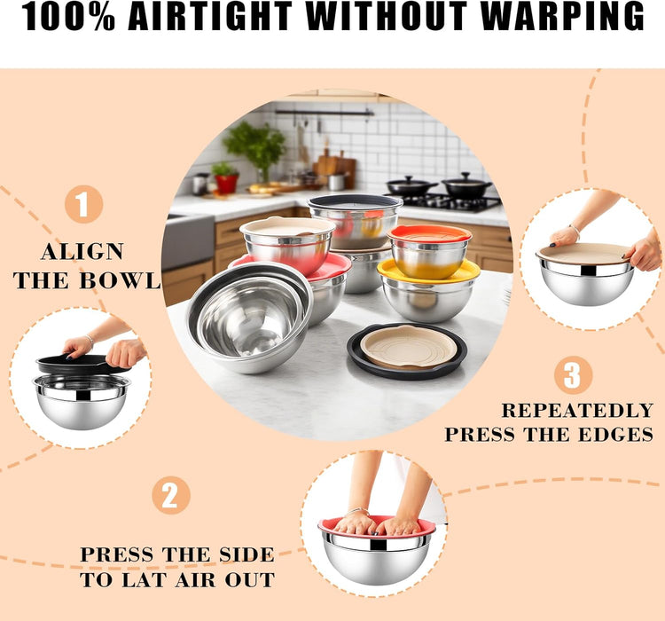 Lazycorner Mixing Bowls with Airtight Lids Set 5 Pcs Stainless Steel Bowls Set Baking Set Non-Slip Silicone Bottoms Great for Serving & Baking