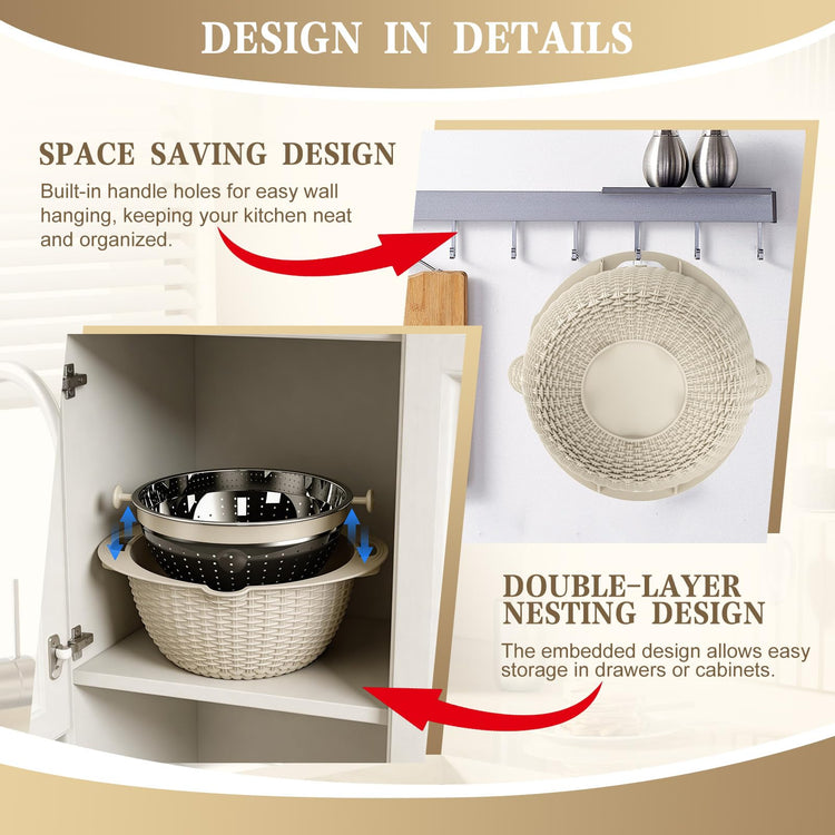 4-in-1 Colander with Bowl Set — Patented 360° Rotatable Strainer Bowl with 3 Graters, Snap-On Lid & Non-Slip Base, Funny Kitchen Present for Women, Aesthetic Pasta Fruit Vegetable Strainer (Beige)