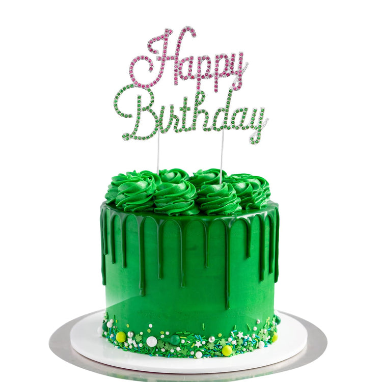 Happy Birthday Cake Topper Pink & Green Rhinestones Witch MovieThemed Cake Topper for Birthday Party Decorations
