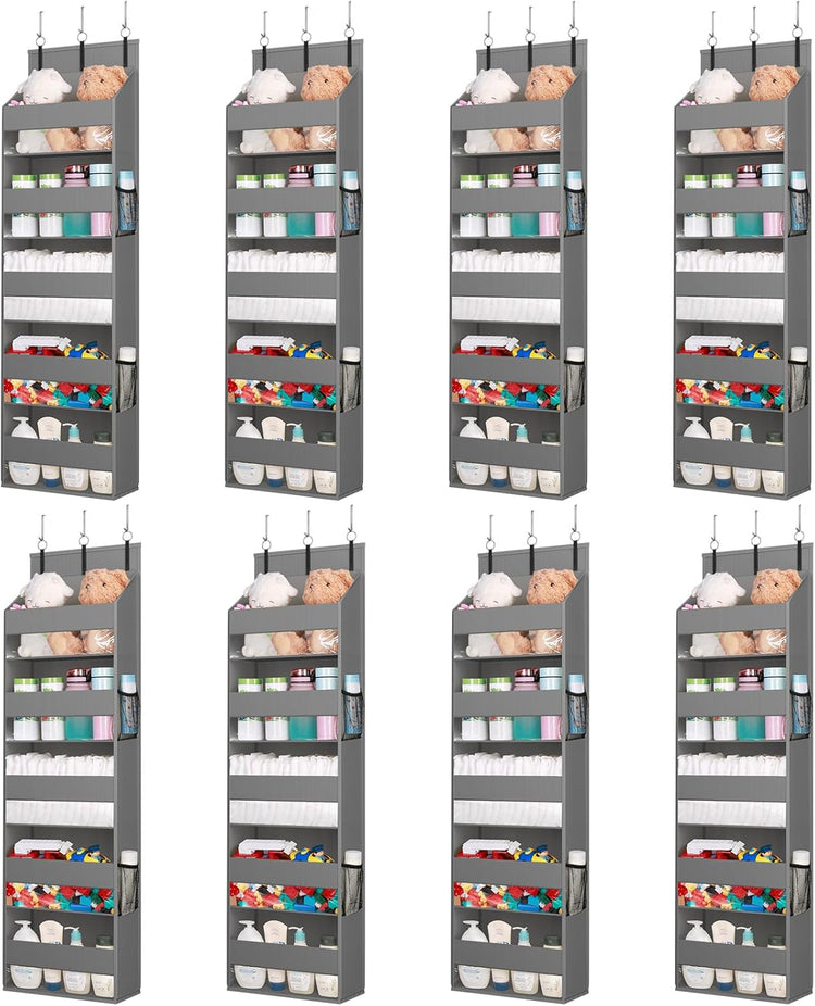 Lifewit 8 Packs Over the Door Organizer, 5 Shelf Clear Window Hanging Storage with 4 Mesh Side Pockets, Anti Tilt 40 lbs Load Behind Door for Pantry, Nursery, Bathroom, Bedroom, Kitchen, Dorm, Grey