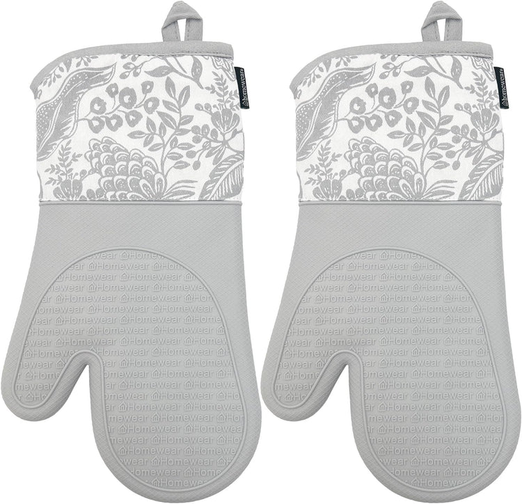 Delaney Silicone Oven Mitts Set - Extra Long, Heat Resistant Kitchen Gloves, Non-Slip Holders for BBQ, Baking, Cooking Essentials, Grey Toile, Kitchen Decor, Oven Gloves, New Home Gifts