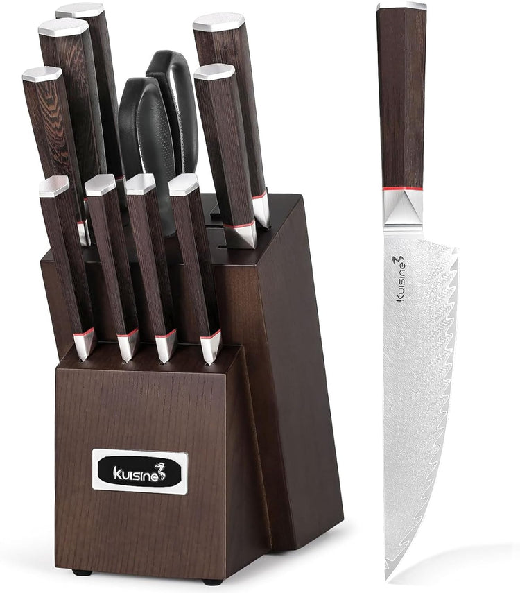 Kuisine Kitchen Knife Set,Damascus Steel Ultra Sharp, Ergonomic Non-slip Wood Handle, Chef Knife Block Set with Built-in Sharpener,Luxury Gift for Holiday(Silver, 12PCS)
