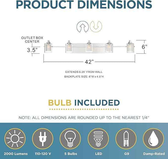 Quoizel Kolt Modern Vanity Lights, 5-Light, 42 Inch Polished Chrome Bathroom Lighting Fixtures Over Mirror, Sandblasted Inner Glass, 50 W LED Bulb, Wall Mount Light for Bathroom, Kitchen or Hallway