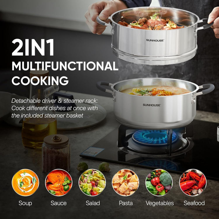 5 QT Stainless Steel Steamer Pot for Cooking with Glass Lid