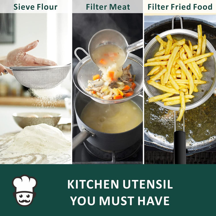 Yimi Fine Mesh Strainers Skimmers Set of 4, Stainless Steel Sieve Strainer Wire Sifter Colanders with Anti-Scald Handle,Kitchen Utensil Ideal for Strain Pasta Quinoa Rice, Ideal for Gift