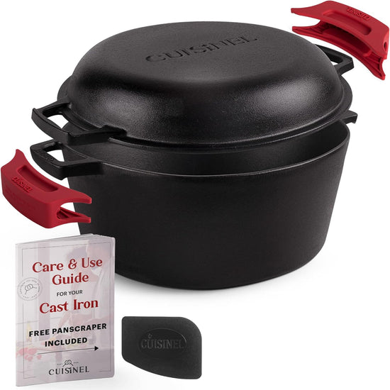 Cuisinel Cast Iron Dutch Oven 7-Quart - Pre-Seasoned 2-in-1 Deep Pot Multi-Cooker - Combo Lid Doubles as 12" Skillet Frying Pan + Silicone Handle Covers + Scraper/Cleaner - Indoor/Outdoor Cookware - Nestoria