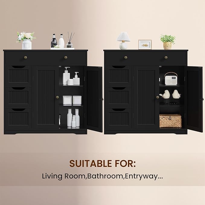 Yaheetech Bathroom Floor Cabinet, Large Storage Cabinet with 4 Drawers & 2 Doors, Free-Standing Cupboard for Kitchen, Bathroom, Entryway, Black