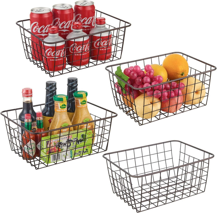 Wire Kitchen Storage Basket 4 Packs,Perfect Pantry Organization Accessories Basket,Laundry Basket,Countertop Organization,Suitable for Kitchen,Bathroom,Bedroom,Tabletop,Stackable,Brown