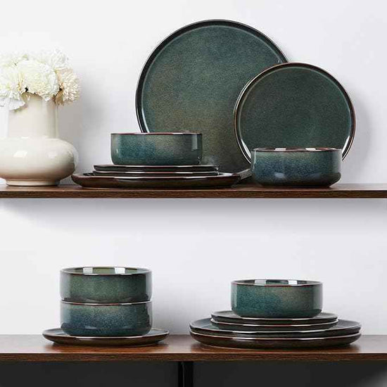 E-far Dinnerware Sets for 4, 12-Piece Stoneware Plates and Bowls Set, Ceramic Dishes Reactive Glaze Dinning Ware, Microwave & Dishwasher Safe - Obsidian Green