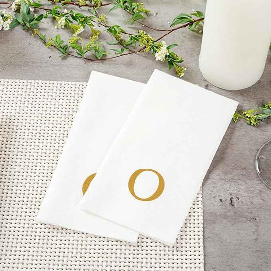 Luxenap 15.8 X 7.9 Inch Linen-Feel Guest Towels, 50 Lettered Hand Towels - Gold Letter 'O', Sans Serif Font, White Paper Dinner Napkins, airlaid, For Restrooms And Tables