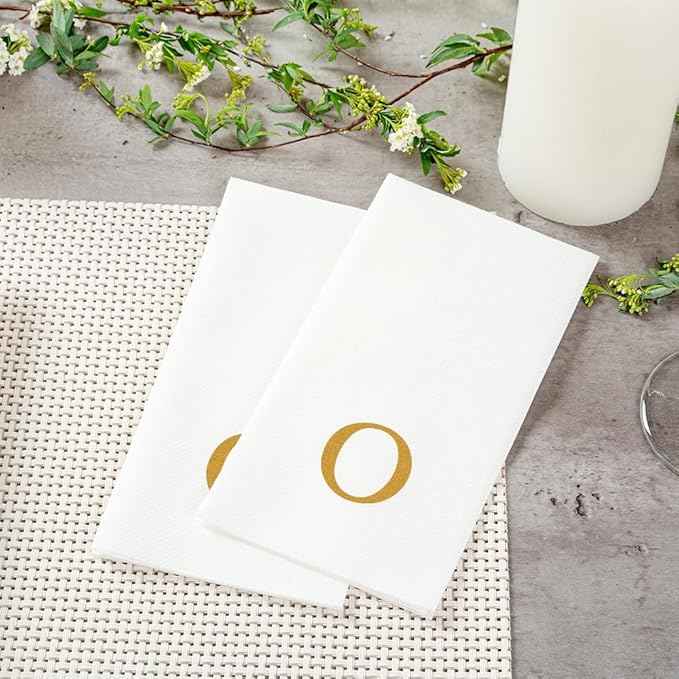 Luxenap 15.8 X 7.9 Inch Linen-Feel Guest Towels, 2000 Lettered Hand Towels - Gold Letter 'O', Sans Serif Font, White Paper Dinner Napkins, airlaid, For Restrooms And Tables