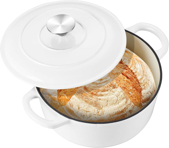 3QT Dutch Oven Pot with Lid, Leonyo 3 Quart Enameled Cast Iron Dutch Oven for Sourdough Bread Baking, Heavy Duty Cookware for Braising, Stews, Roasting, White - Nestoria