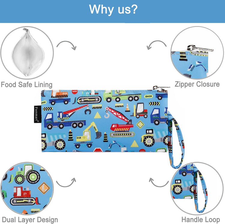 Reusable Sandwich Bag/Snack Bag for Kids & Adults, Dual Layer Lunch Bag with Handle, Washable, Food Safe, BPA Free (2-Pack, Car)