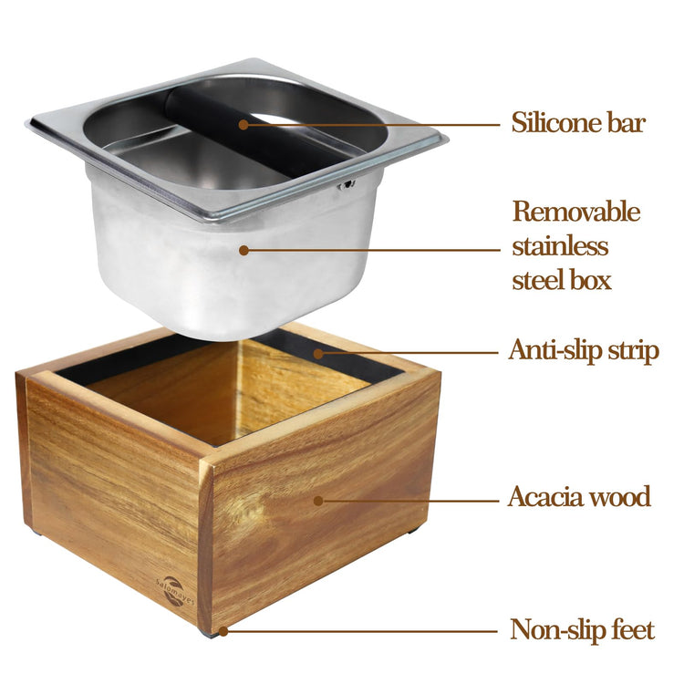 Large Acacia Wood Espresso Knock Box with Stainless Steel Interior