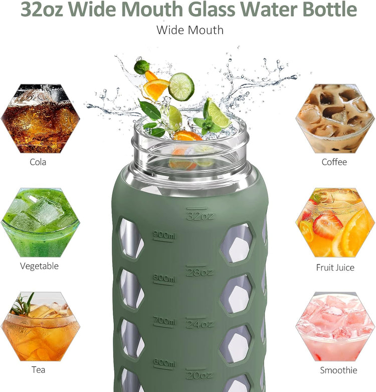 MUKOKO 32oz Glass Water Bottles with 2 Lids-Handle Spout Lid&Bamboo Straw Lid, Motivational Water Tumbler with Time Marker Reminder and Silicone Sleeve, Leakproof-Olive-1 Pack