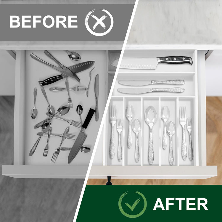 White Utensil Organizer 12.5 Inch Silverware Tray for Drawer Utensil Holder Cutlery Organizer Kitchen Drawer Organizer 7 Compartment Small Narrow Bamboo