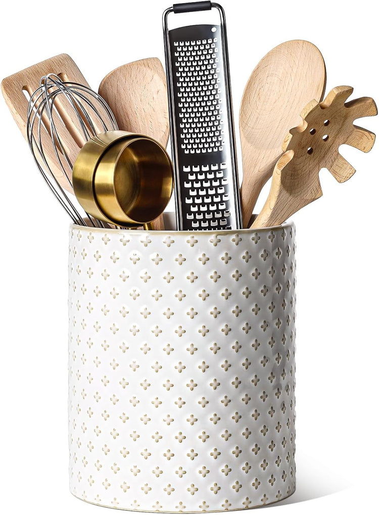 LE TAUCI Utensil Holder, 7.1" Ceramic Kitchen Utensil Holder for Counter top, Embossed Cooking Utensil Organizer for Spatula & Spoon, Kitchen Decor, Set of 1, Arctic White, Clover