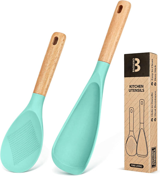 Cooking Spoon and Rice Scooper for Nonstick Cookwares, Great for Cooking and Serving Sturdy BPA-Free Matte Silicone, Wood Handle Spoon for Mixing, Scoop, and Scrape (GREEN) - Nestoria