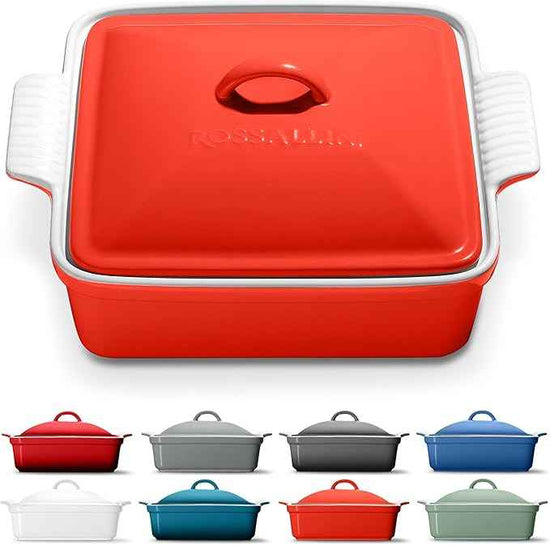 Stoneware Casserole Dish Bakeware with Lid | Covered Square Dinnerware | Medium 2 Quart, [Passion Red]