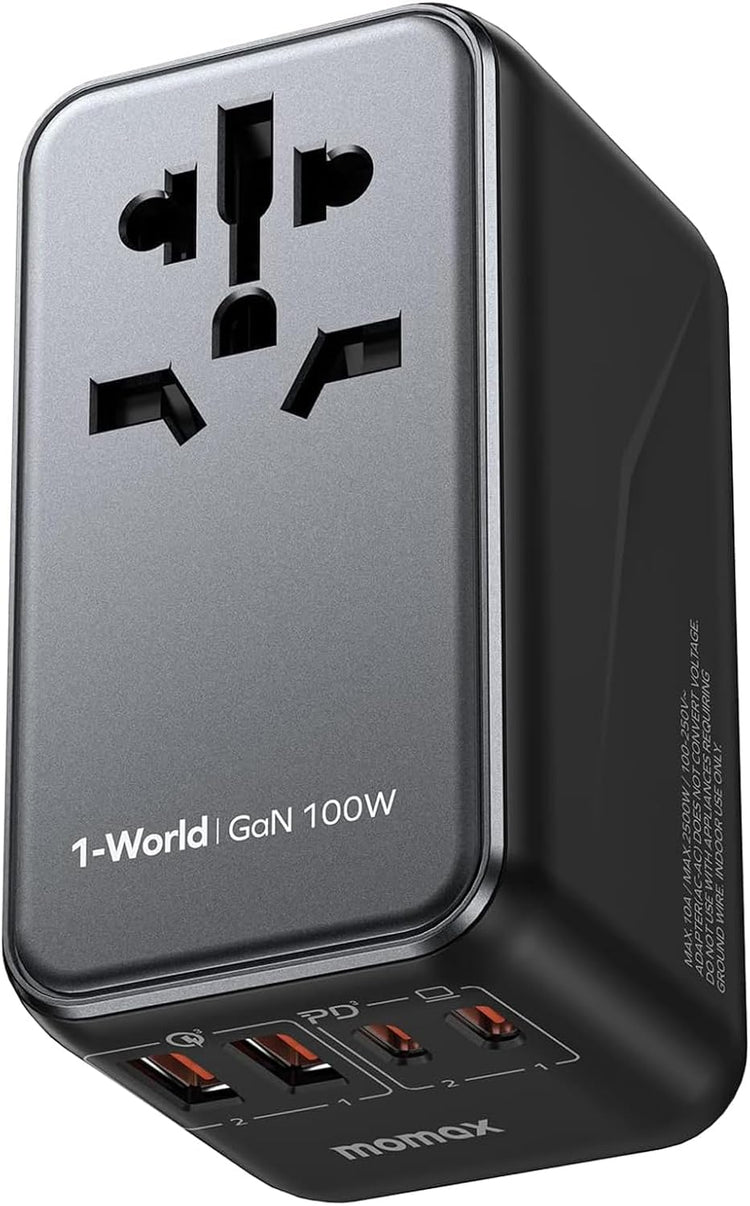 MOMAX Universal Travel Adapter, 100W Fast GaN International Power Adapter, 2PD USB-C+2QC USB-A Travel Adapter, US, UK, EU, AU Travel Adapter Worldwide for Laptops, Tablets, Phones, Vision Pro