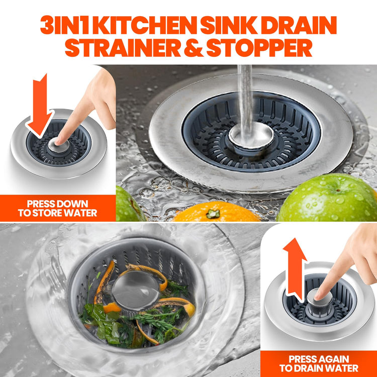 3 in 1 Kitchen Sink Drain Strainer and Stopper Silver 1 Pack