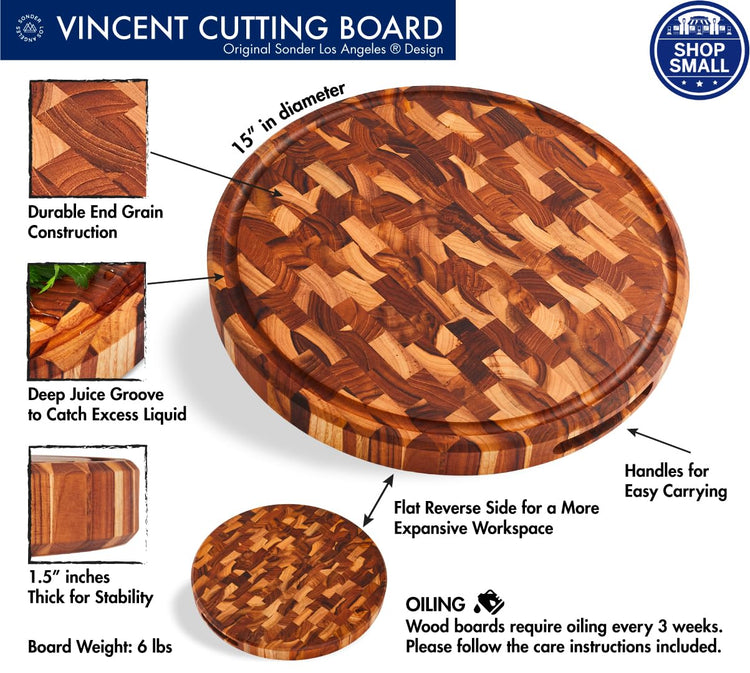 Sonder LA, End Grain Teak Wood Cutting Board 15" Round 1.5" Thick with Juice Groove and Built-in Handles, Charcuterie Serving Board (Gift Box Included)