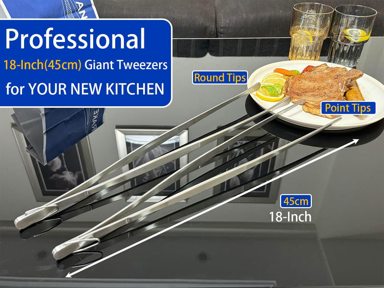 JETKONG 18 Inch (45cm) Extra Long Grill Tongs, Heavy Duty Stainless Steel Tweezer Tongs for Cooking, Grilling, Barbecue/BBQ, Buffet and Turning Food (Round Tips)