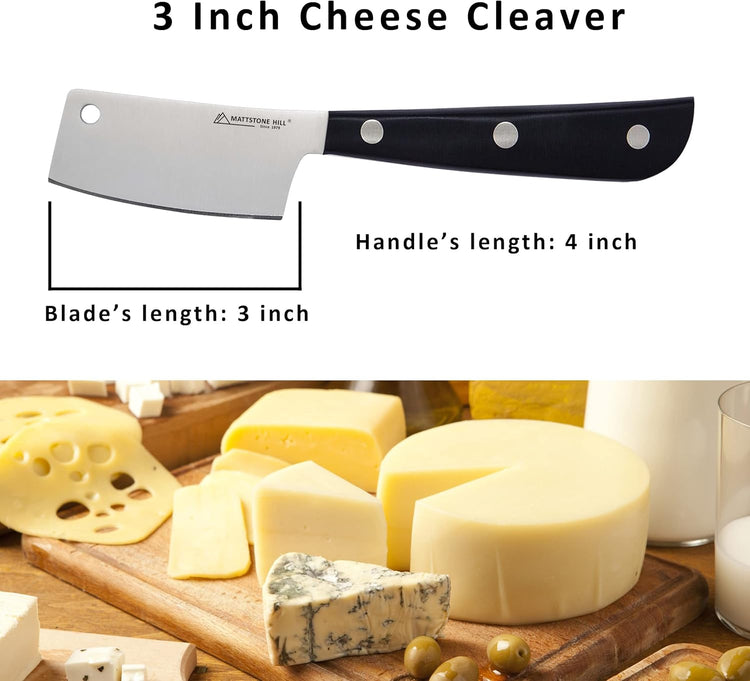 Cheese Knife - MATTSTONE HILL Cheese Cleaver, Hard Cheese Cutter, Premium Stainless Steel, Black Handle