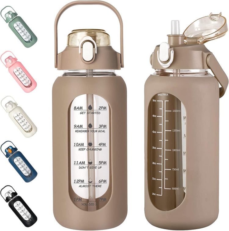 kytffu 64oz Glass Water Bottles with Straw, Half Gallon Motivational Glass Bottle with Silicone Sleeve and Time Marker, 2L Leakproof Large Glass Water Jug for Gym Home Office,Amber