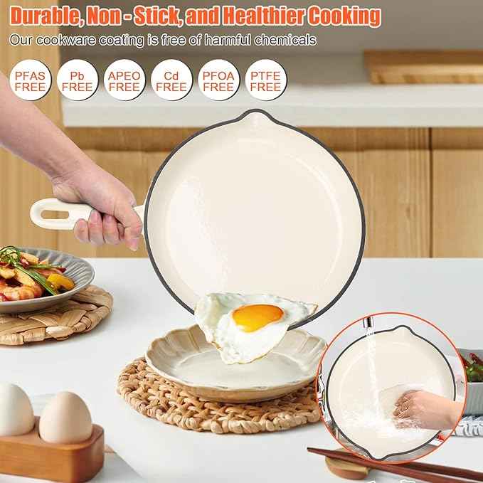 QuliMetal Nonstick Enameled Cast Iron Cookware Set, 7-Pcs Pots and Pans with Lid, Frying Pan Skillet, Sauce Pan, Healthy Round Dutch Oven Pot for Sourdough Bread Baking on All Stovetop, Cream White