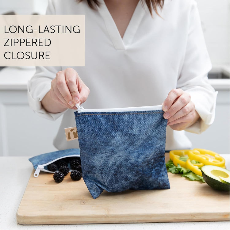 Roamio Reusable Sandwich and Snack Bags, for Kids School Lunch and for Adults Portion, Washable Fabric, Waterproof Cloth Zip Bag, Pack Travel Pouch, Food-Safe Storage, 4-pack Set Faux Denim On Denim