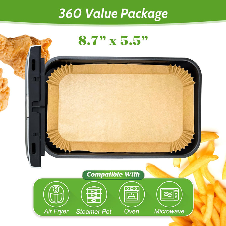 360 Pcs 8.7" x 5.5" Square Air Fryer Paper Liners Disposable Unbleached Heavy Duty (360 Count)