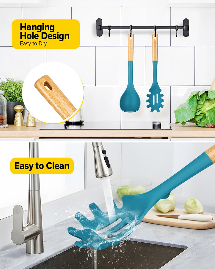 Silicone Soup Ladle and Spaghetti Spoon Set with Wooden Handle (2 Count)