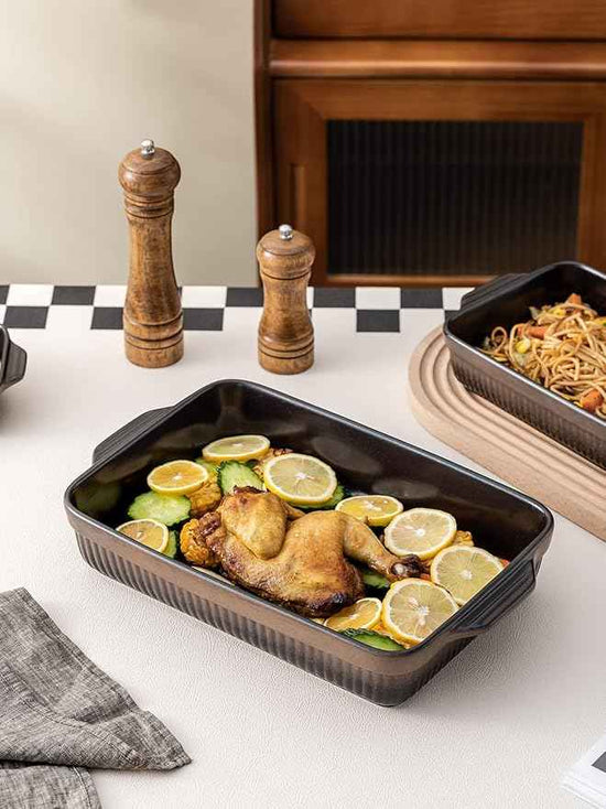 Kanwone Ceramic Baking Dishes, Rectangular Lasagna Pans, Casserole Dishes, Bakeware Set for Cooking, Kitchen, Cake Dinner, 9 x 13 Inches, Stripe Series - Reactive Glazed (Matte Black)