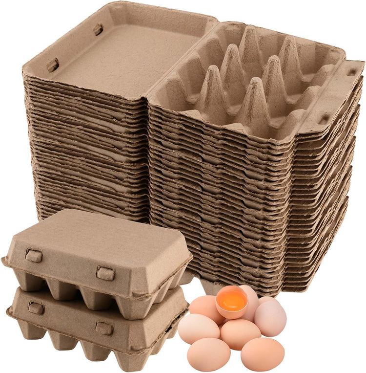 SEUNMUK 50 Pack 12 Cell Empty Egg Cartons,Brown Pulp Fiber Egg Tray Holder Stackable Egg Container holder with Lids for Storing Eggs ﻿