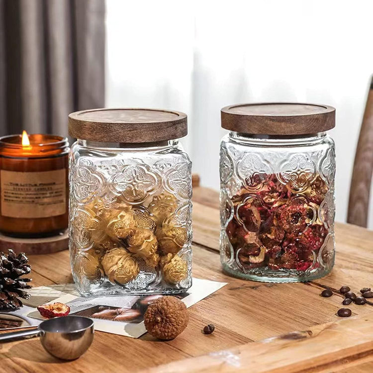 Snminetal Vintage Glass Airtight Storage Jar Set of 4, With Airtight Wood Lid, Kitchen Food Storage Containers,for Kitchen Counter, Pantry, Tea, Sugar,Coffee,Food Storage Jar(Plum pattern)